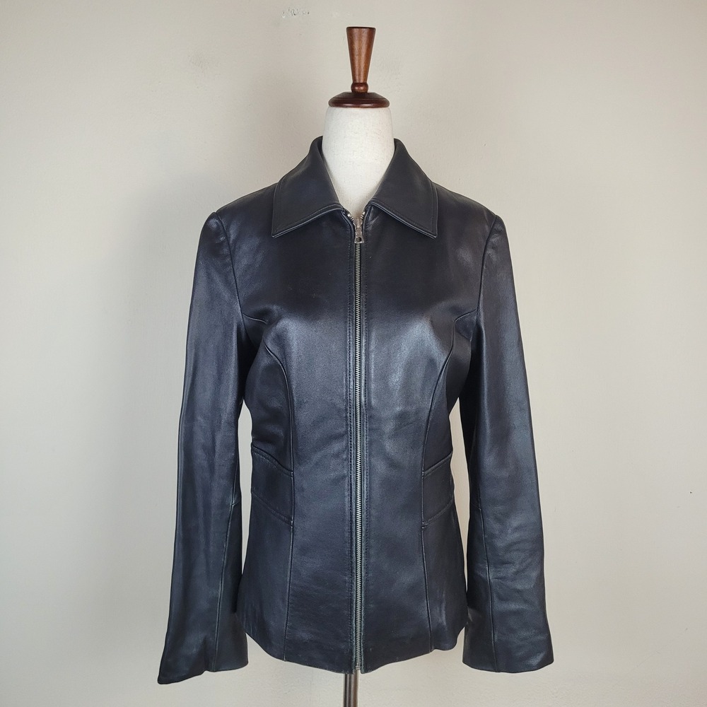 Express Jacket 8 Black Leather Zip Collared Moto 90s Y2K Minimalist Slim Fit